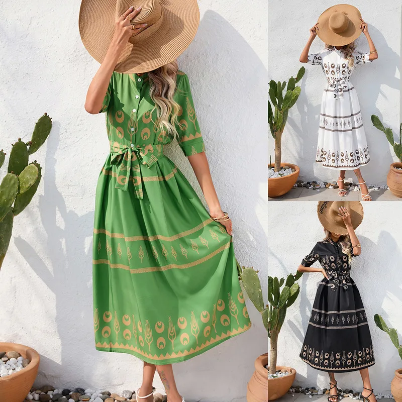 

European Style Summer Dress Ethnic Print Short Sleeve Flowy Midi Dress Women Fashion Boho Chic Casual Beach Dress Comfortable