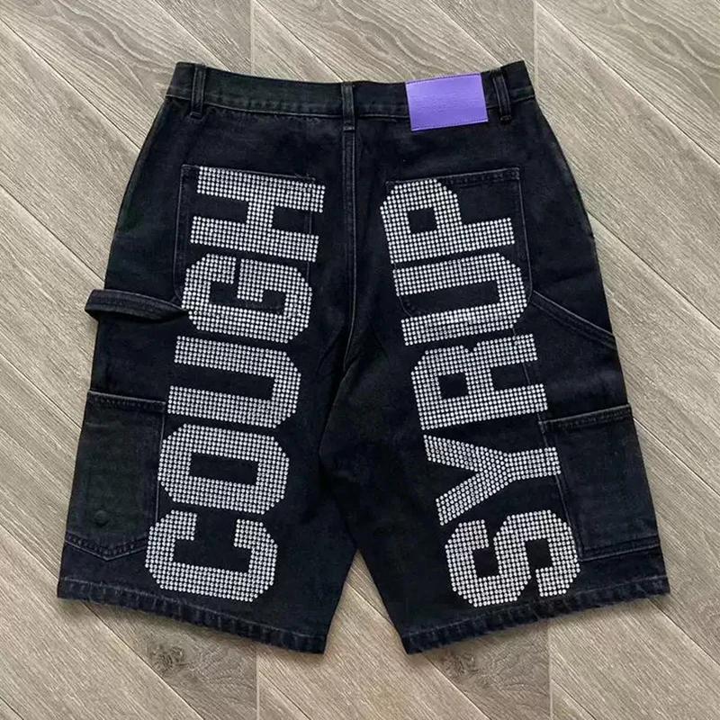 COUGH SYRUP Men Women American Trendy Summer Rhinestone Letter Casual Washed Denim Shorts