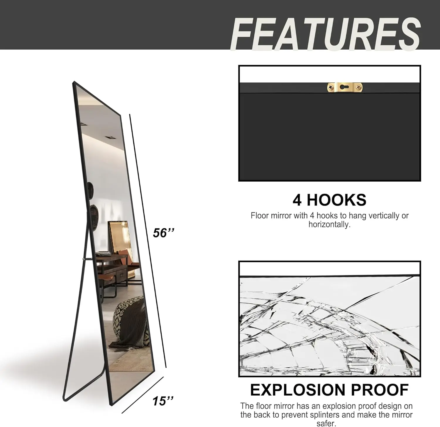 مرآة حائط XMSJ كاملة الطول، مرآة قائمة لكامل الجسم، مرآة أرضية كبيرة لباب الحائط وغرفة النوم وغرفة المعيشة والحمام