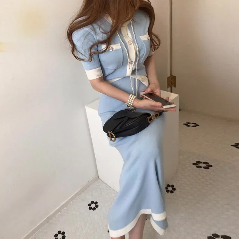 

2021 New Korean Knitted Cardigan Women Hit Color Single Breasted Short Sleeve O-neck Tops High Waist Long Skirt 2 Piece set