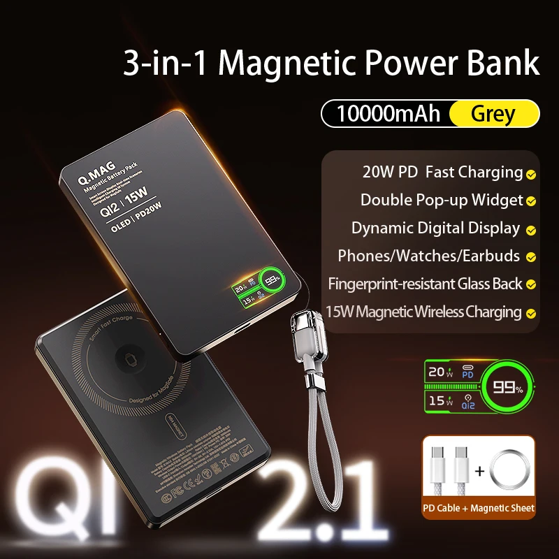 Magnetische draadloze powerbank Qi 2.1 USB-C snel opladen externe batterij voor iPhone 12-17 Pro Airpods Apple Watch Xiaomi 10000mAh