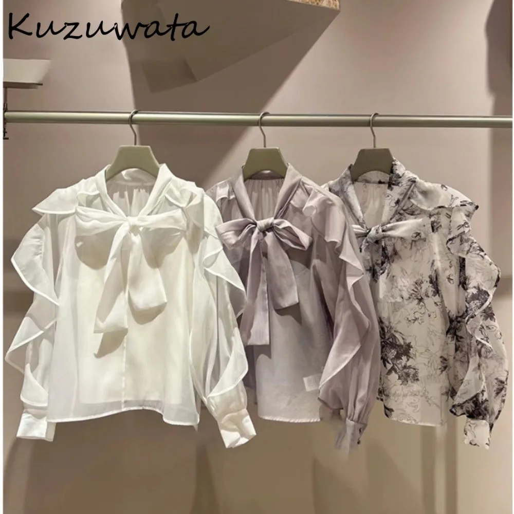 Kuzuwata Sweet V Neck Butterfly Sleeve Print Shirt Voile Elegant Lace Up Bow All-match Blouses Japan French Style Fungus Blusas