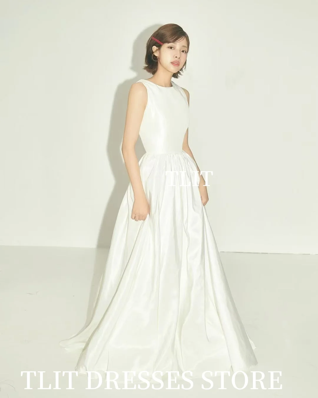 TLIT Simple Ivory Silk Satin Wedding Dresses O-Neck Bridal Gowns Korea Wedding Dresses Photos Shoot Customized  웨딩드레스