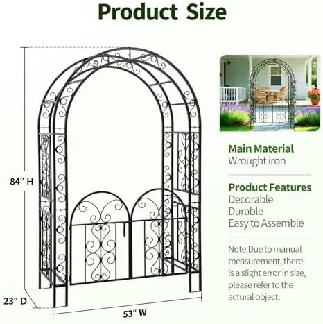 Garden Arch with Gate 83 Inches Tall, Heavy Duty Metal Iron Arbor, Black Archway for Weddings Courtyard Cast Trellis