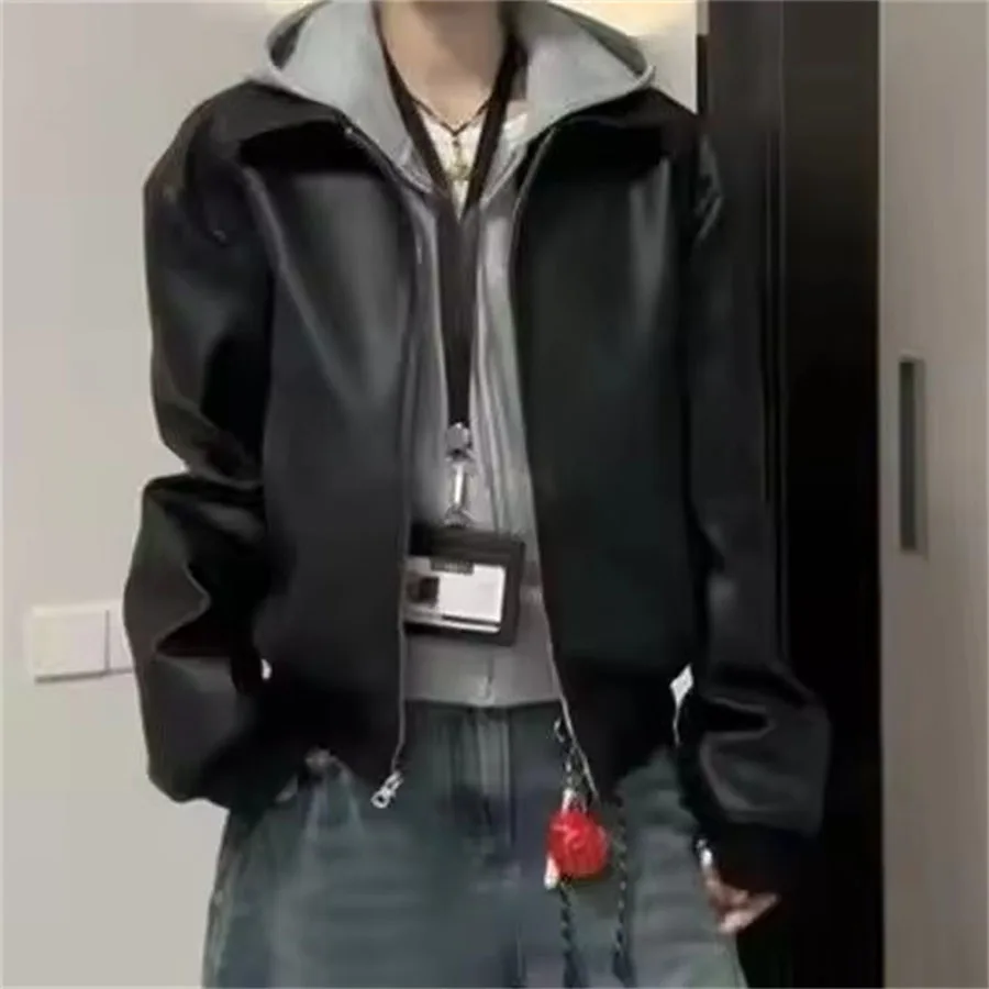 أسود ريترو دراجة نارية فو سترة جلدية السيدات جديد ربيع الخريف نمط قصير الاتجاه تنوعا سستة بولي معطف معطف جلد أبلى