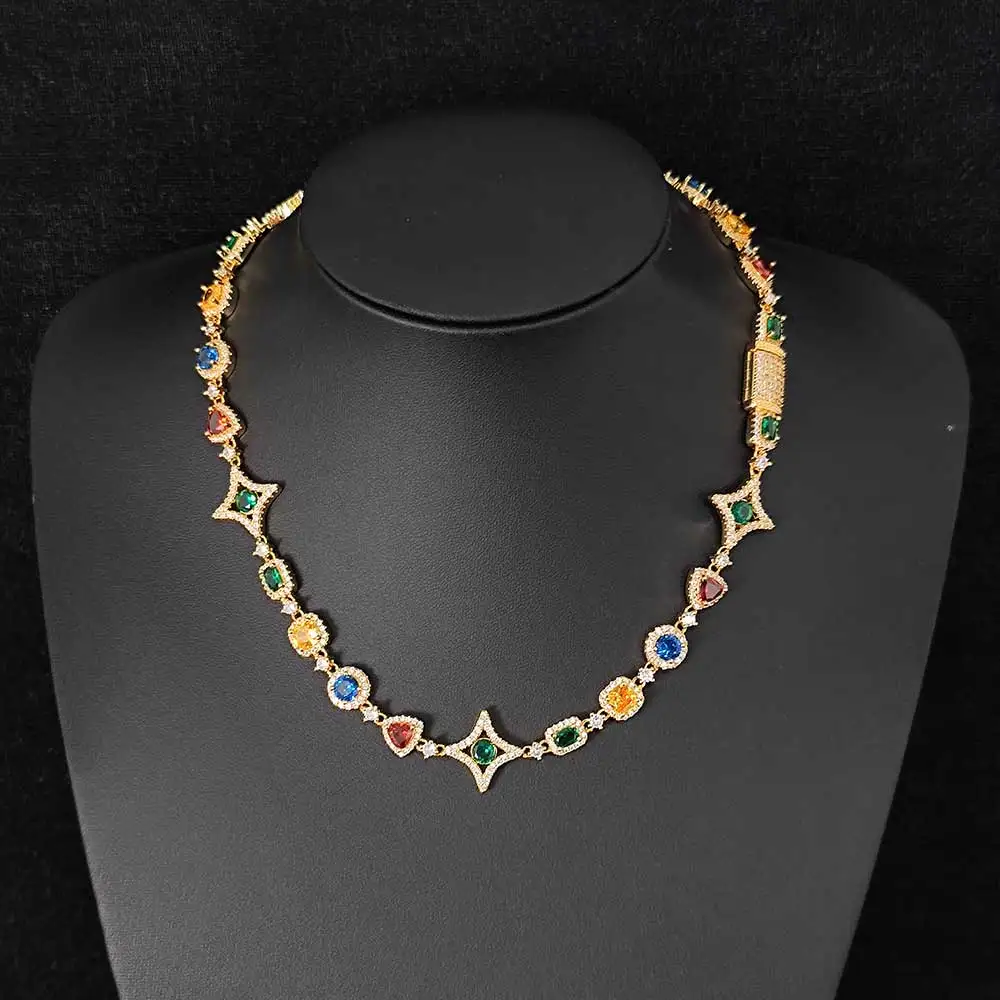 Hip Hop Jewelry Women Iced Out Rainbow Necklace Circle,rectangle, triangle Green/Blue/Red/yellow Color Gemstone Link Chain