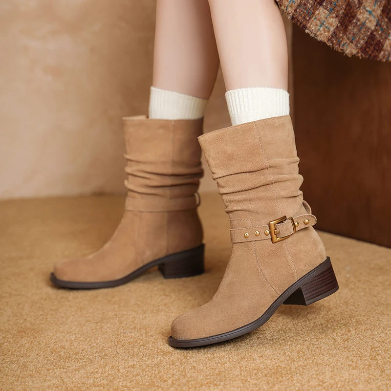 2027 Vintage Cow Suede Round Toe Mid-calf Boots Women Classic Designs Heel Chelsea Boots Simple Comfortable Fashion Cowboy Boots