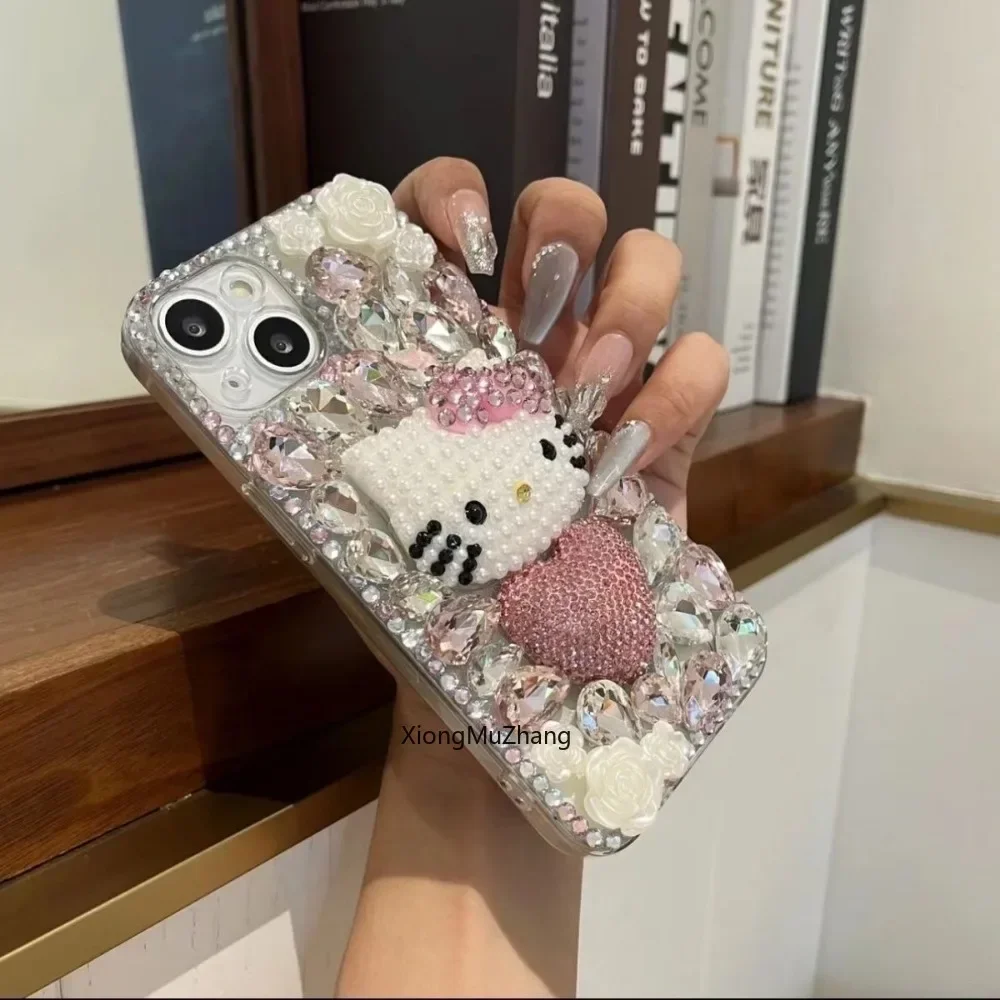 Sanrio Hello Kitty Case for IPhone 16 15 Pro Max 14 Plus 13 12 11 Pro Full Diamond Heart Flower Fashion Custom Rhinestone Cover