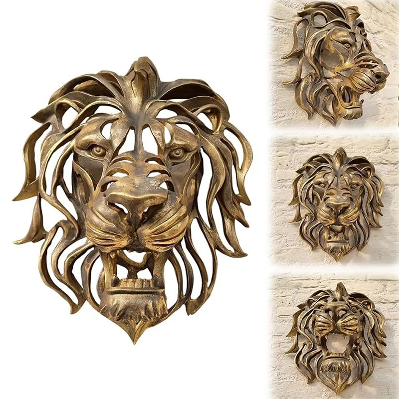 

Large Lion Head Wall Mounted Art Sculpture Gold Resin Lion Head Art Wall Luxury Kitchen Wall Bedroom Decoration