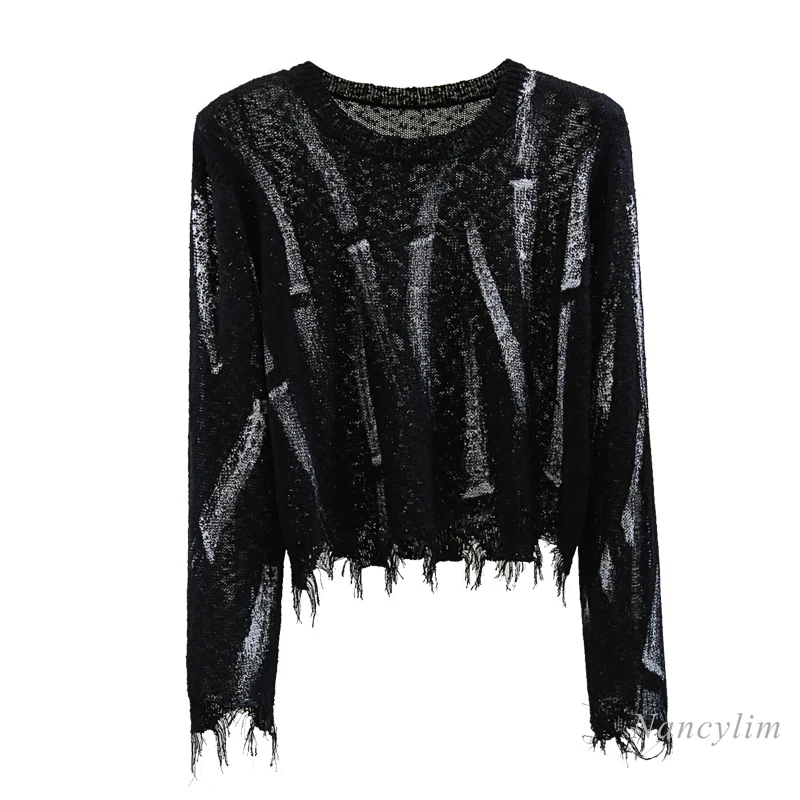 Make Old Ripped Fringed Sweater Woman 2024 Autumn Korean Style High Waist Short Bronzing Twist Long Sleeve Sweaters Pull Femme