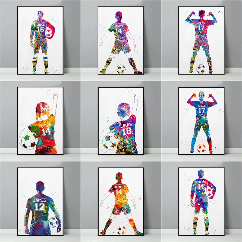 Watercolor Football Player Poster Goalkeeper Striker Canvas Painting Modern Wall Art Picture Study Home Decor Gifts for Fans