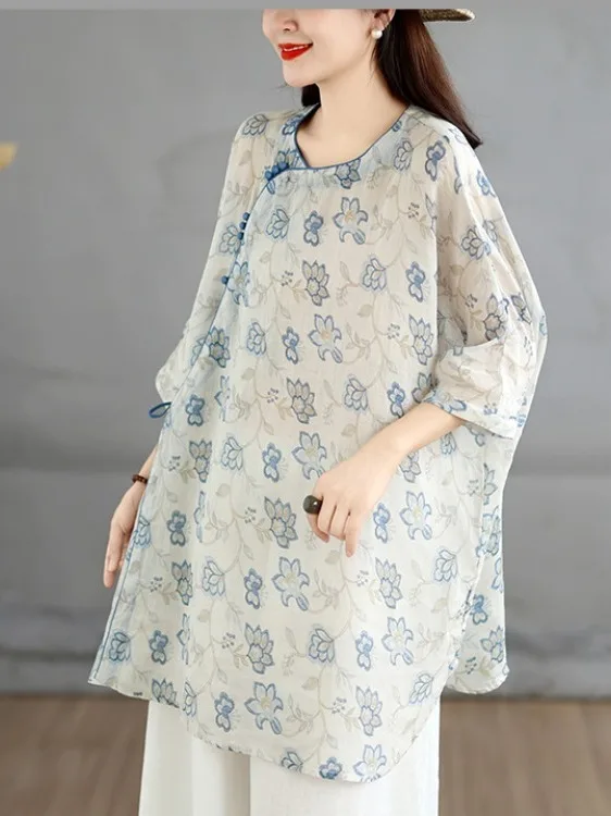 

2026 New Blue And White Porcelain Print Asymmetrical Buttondown Linen Shirt Women Summer Loose Slimming Tea Costume Top