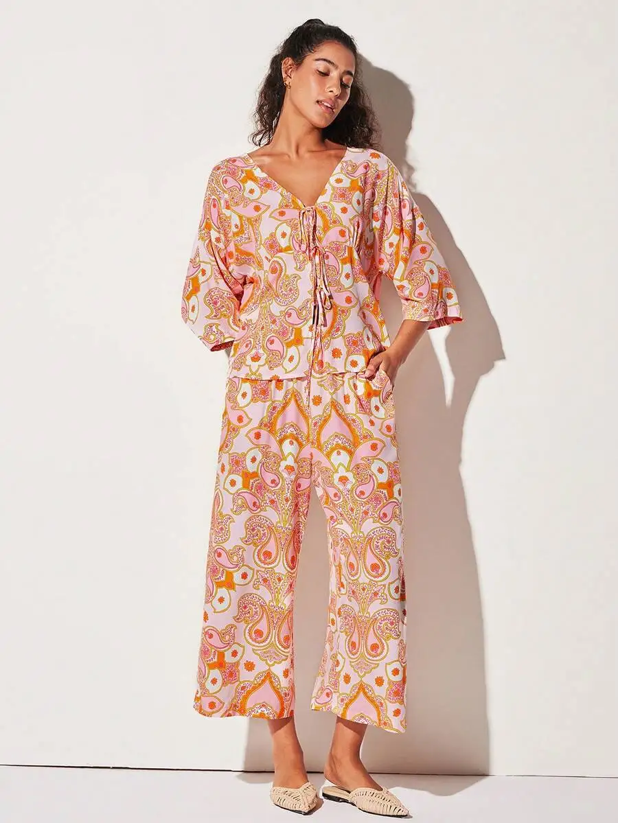 

Soft Rayon Pink Paisley Short Sleeve Bow Tie Top And Wide Leg Pants Loungewear Set With Pockets