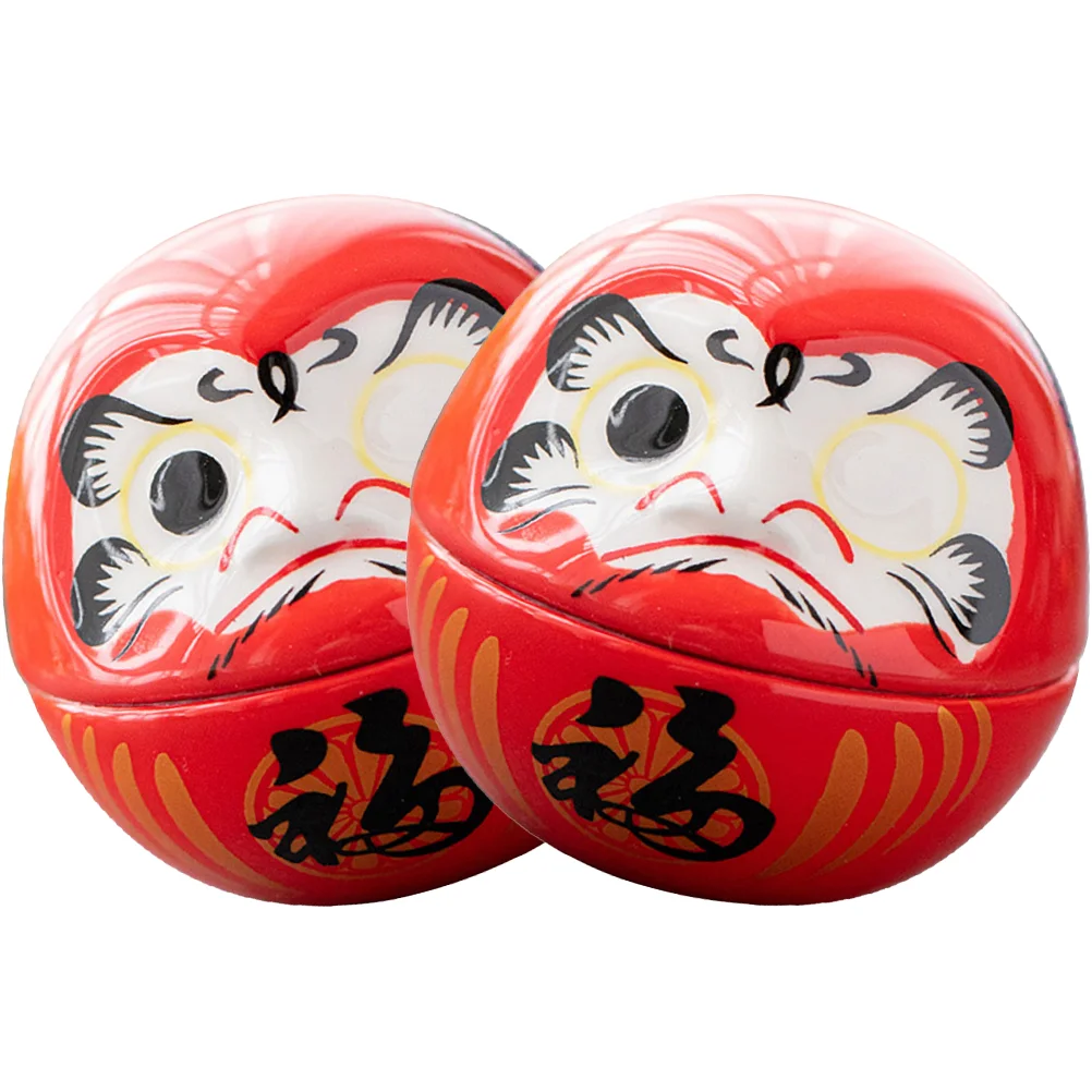 2 Pcs Lucky Dharma Eggs Cat Ornament Ceramics Japanese Daruma Statues Maneki Neko