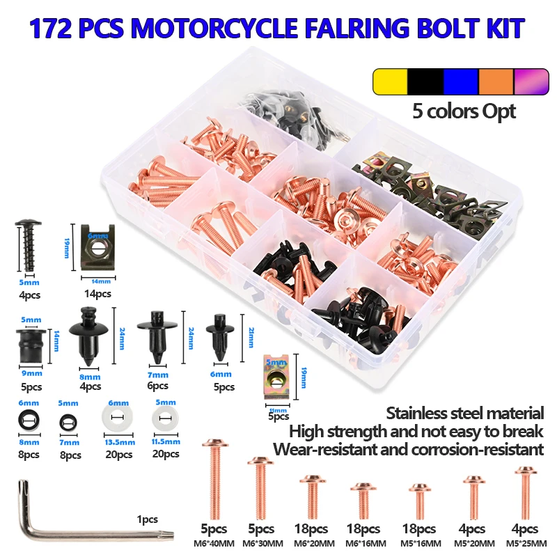 172PCS Motorcycle Fairing stainless steel Bolts Screws Kit Nut Clips For Kawasaki Z250 Z300 Z400 Z650 Z750 Z900 Z1000 R SX