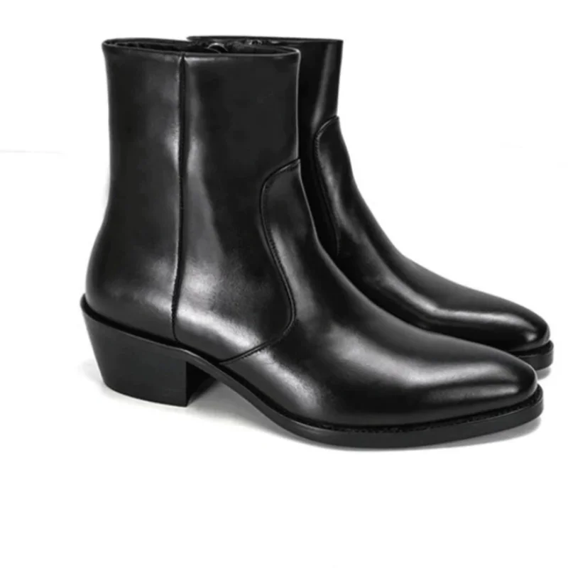 

Sewing Lines Shoes for Mens Square Toes Chunky High Heels Stitching Zapatos Hombre Side Zippers Tacones Solid Chassure Hommes