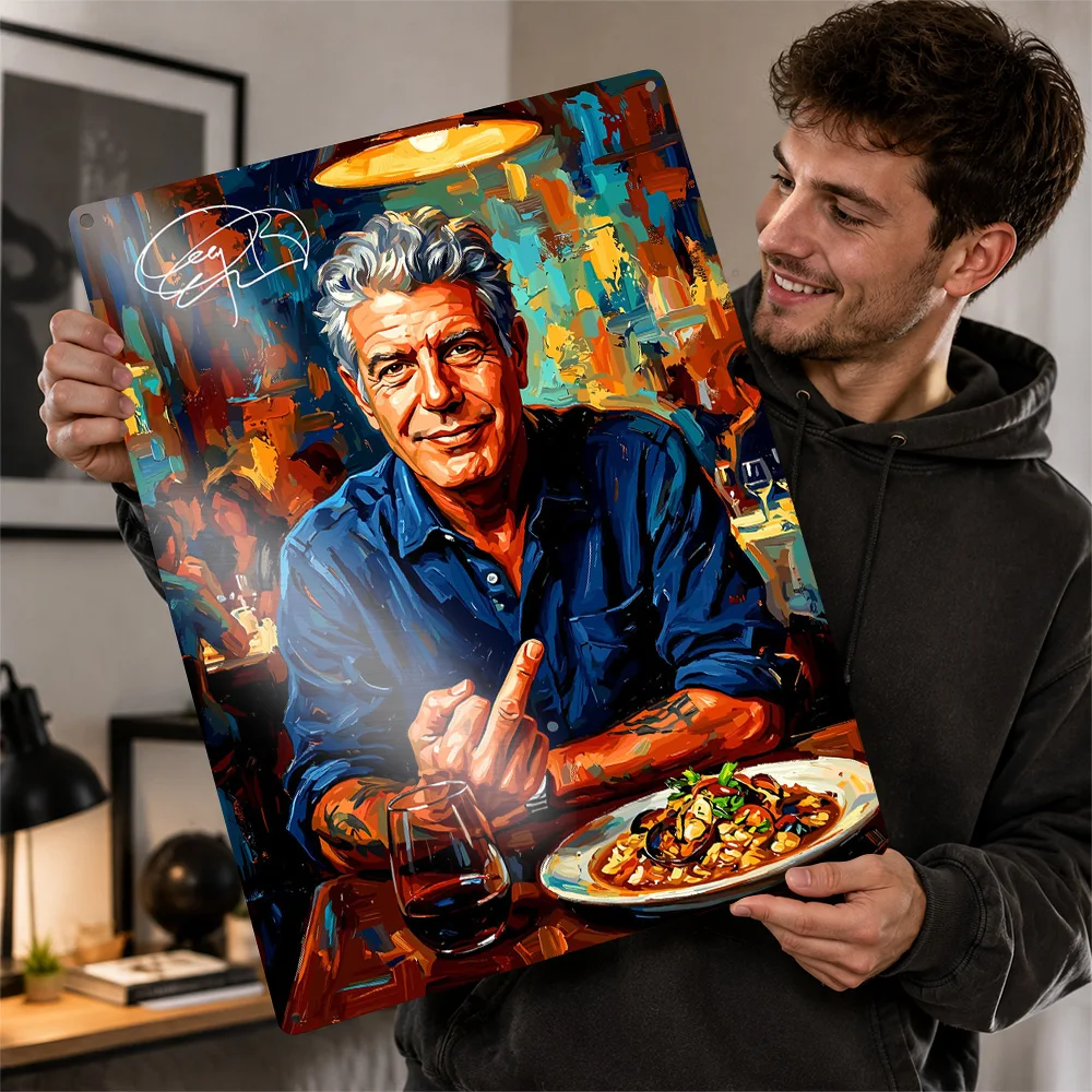 Anthony Bourdain Portrait Painting Personalized 3D Textured Metal Poster Wall Art Tinplate Sign for Room Decorating Interior