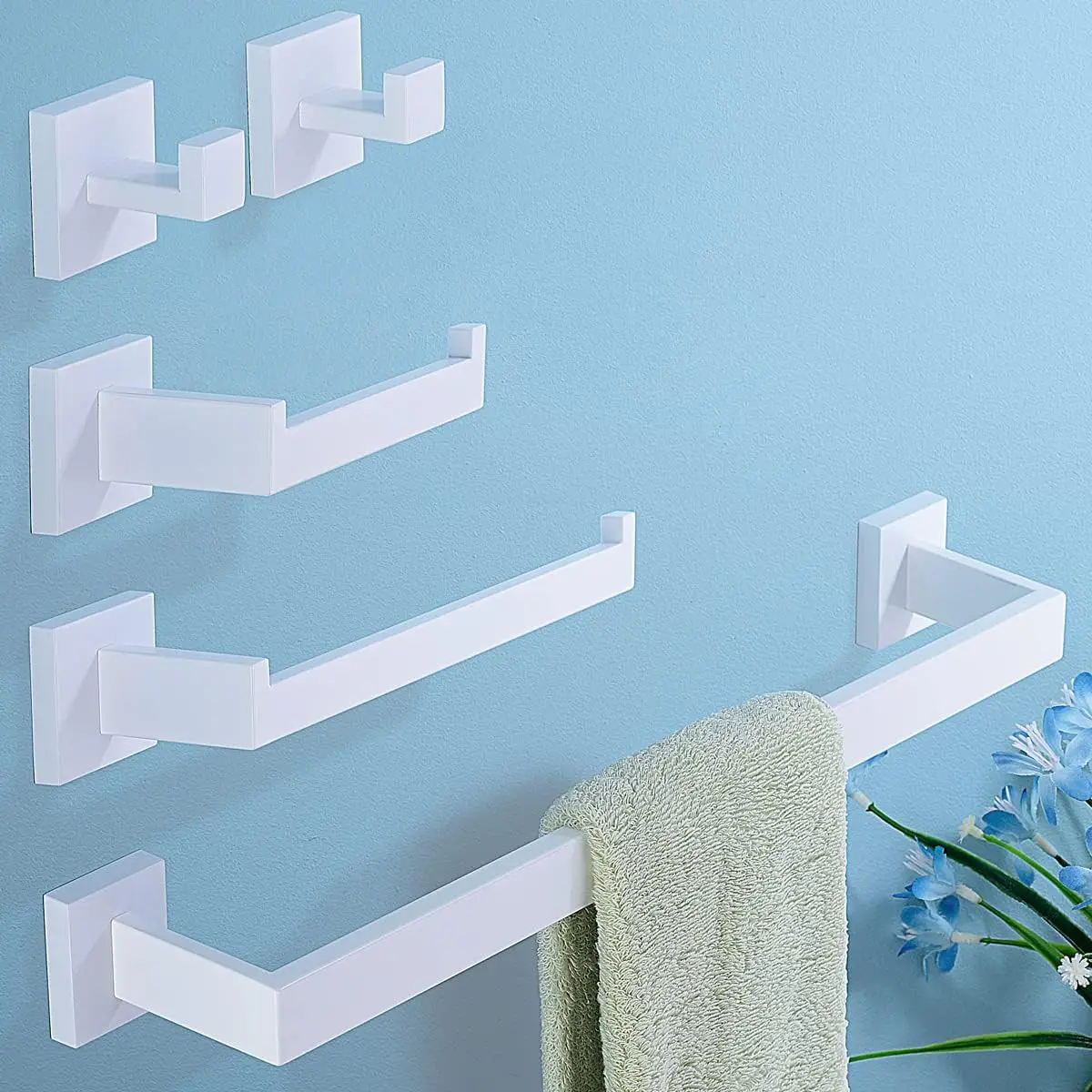 

5-Piece Square Towel Bar Set, Stainless Steel Wall Mounted Bathroom Hardware Accessories in White