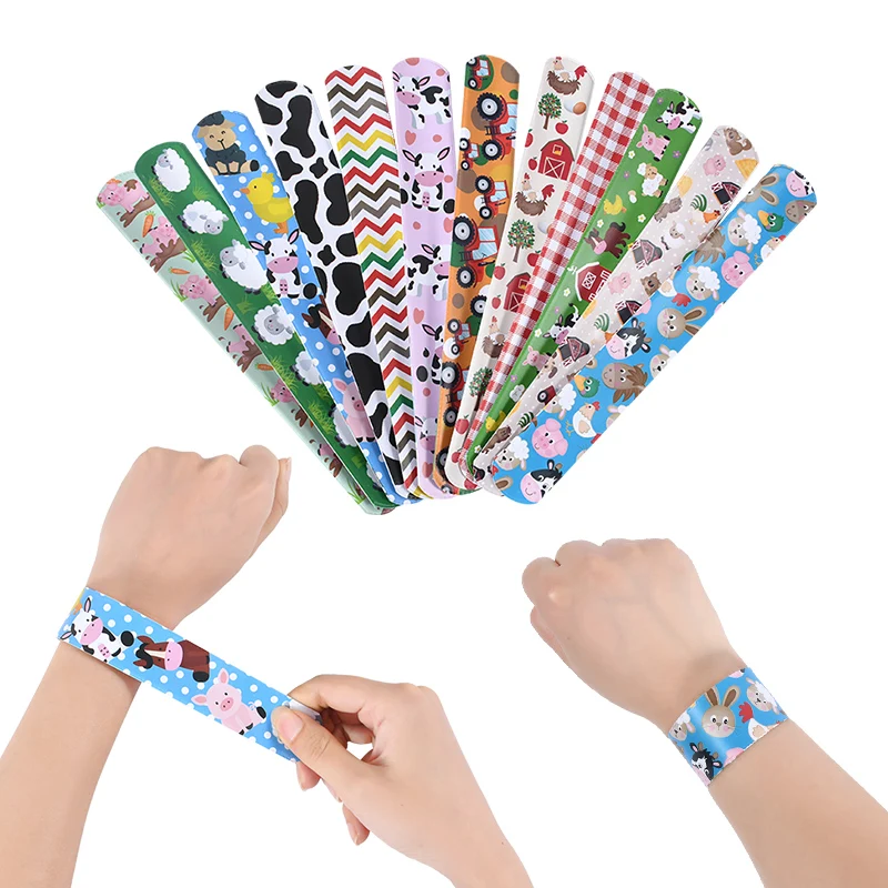 12pcs Random Cartoon Slap Bracelets Cows Pigs Rabbits Sheep Animal Theme Clap Circle Wristband Birthday Party Kids Toys Supplies