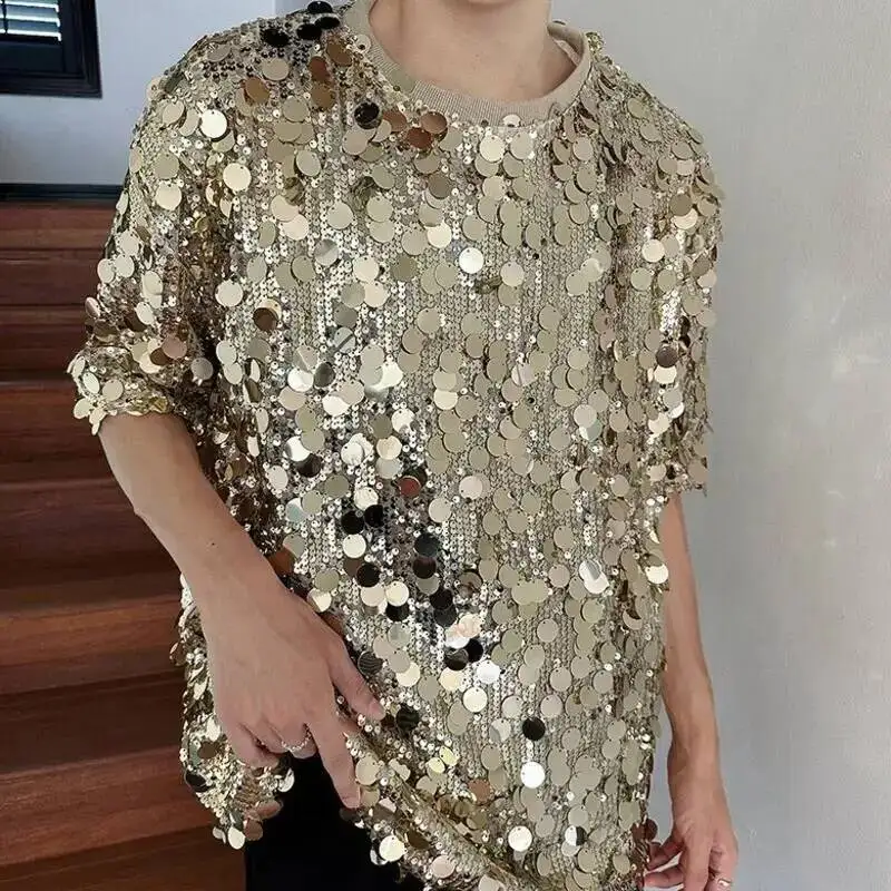Summer Men's Oversized T Shirt European Casual Multicolor Sequin Embellished Streetwear Short Sleeve Pullover Top 9XPMXJ