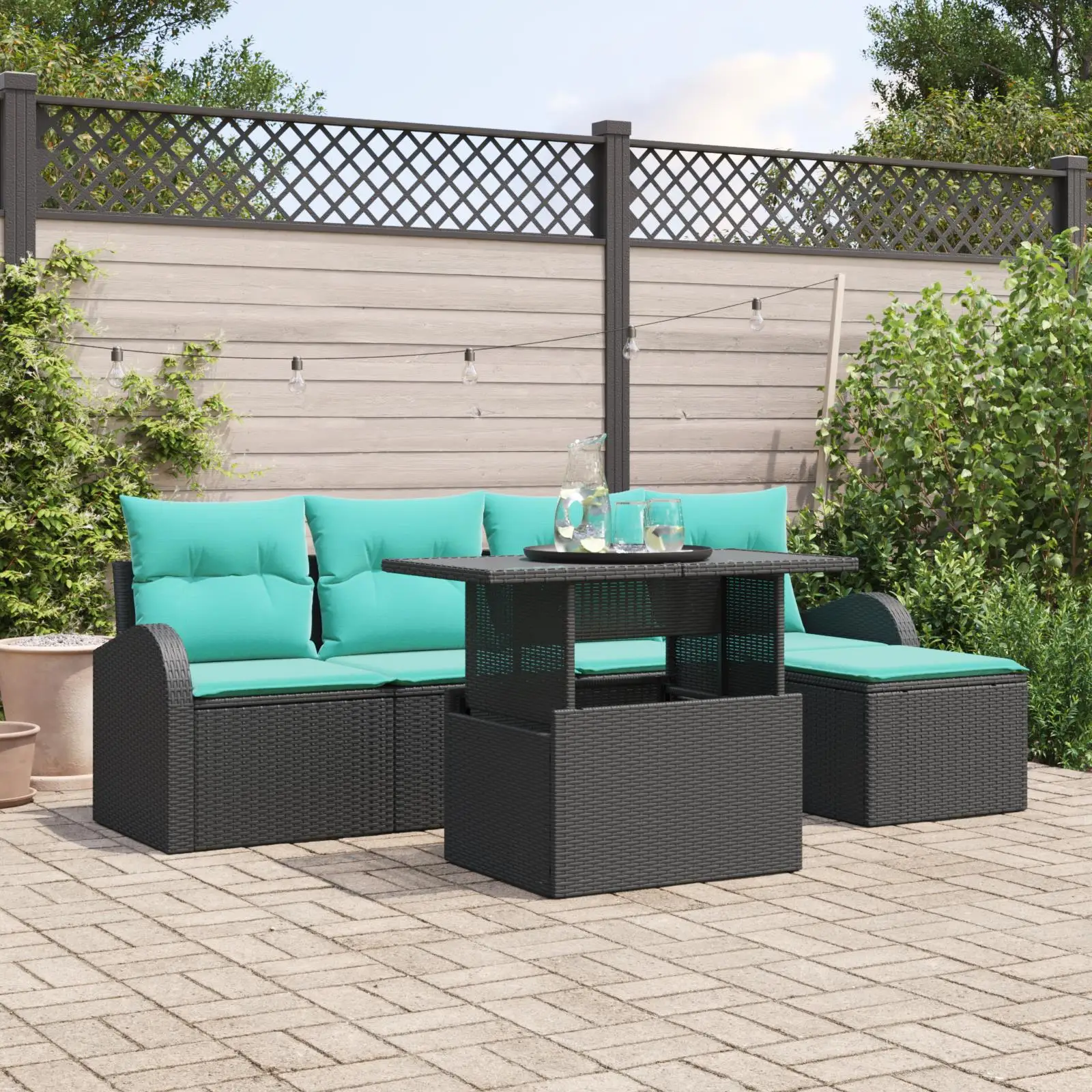 

6 Piece Outdoor Patio Sofa Set with Cushions Black Rattan Furniture Garden Seating