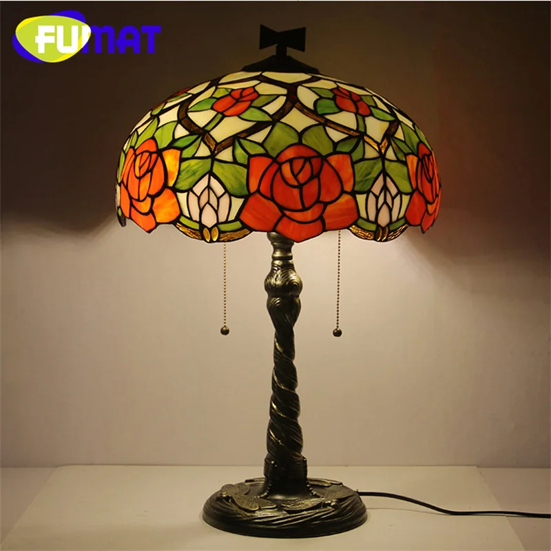 FUMAT Tiffany Stained Glass Rose Dragonfly style Table lamp Decor Living Room Den Bedroom reading lamp Gift light