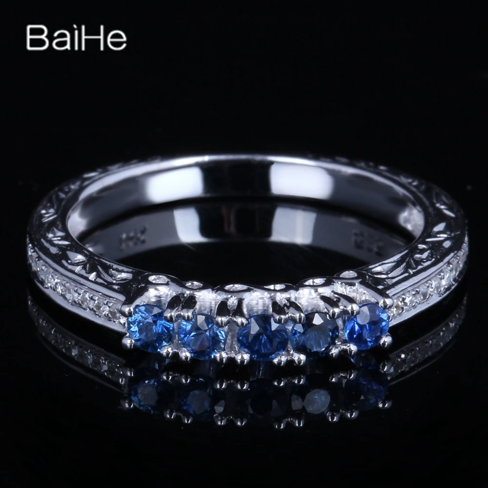 

BAIHE Sterling Silver 925 0.45CT Certified H/SI Round Genuine Natural Sapphire Diamonds Women Trendy Fine Jewelry Sapphire Ring