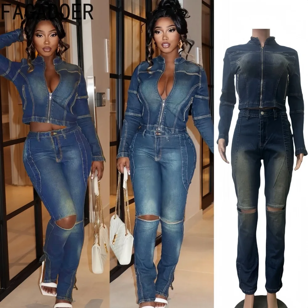

FAGADOER Autumn New Fashion Two Piece Outfits Woman Long Sleeve Zipper Patchwork Crop Top and Pants Matching Female Streetwear