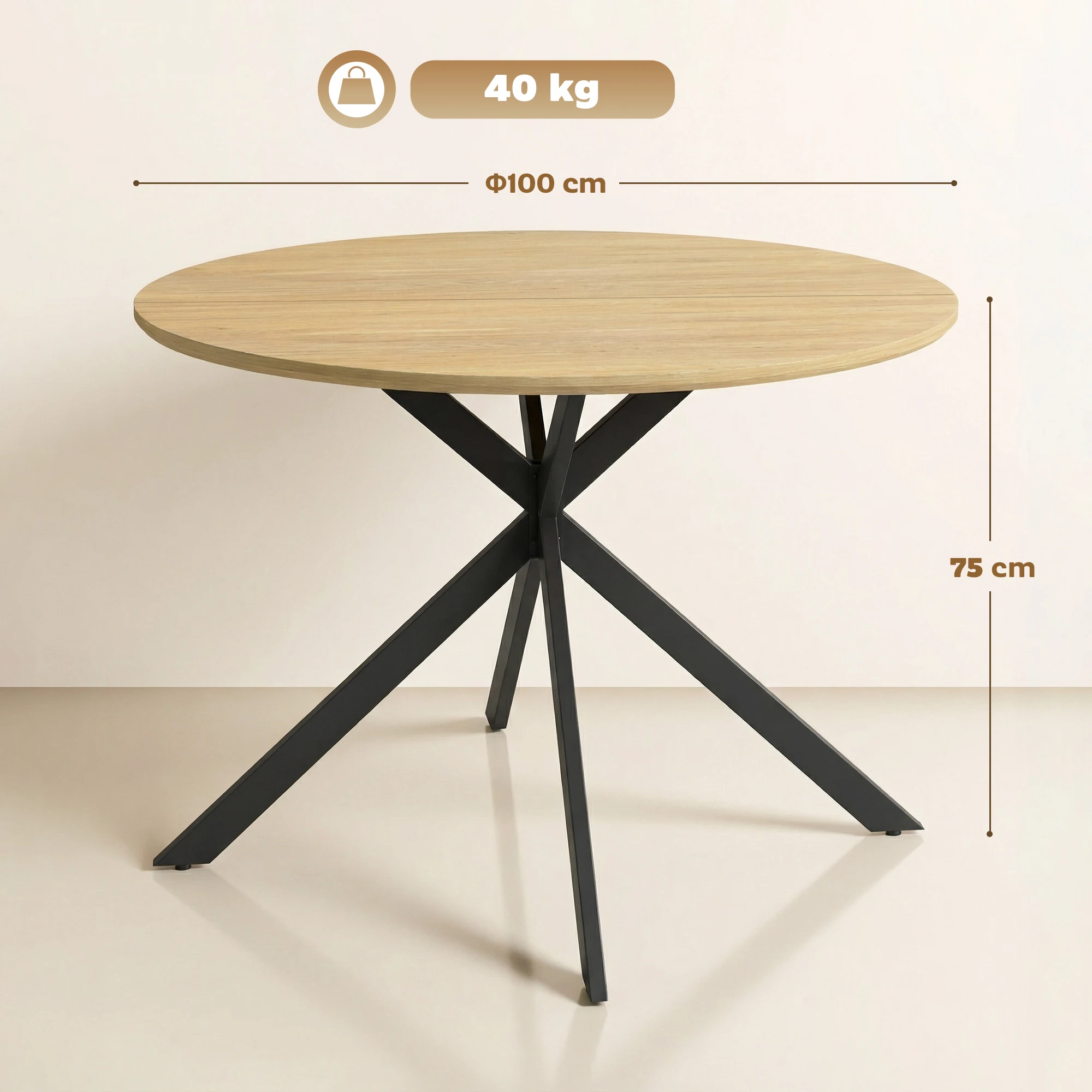 Afbeelding 4: Ronde eettafel voor 4 personen, keukentafel in industriële stijl met stalen poten, voor eetkamer, keuken, eikenhout