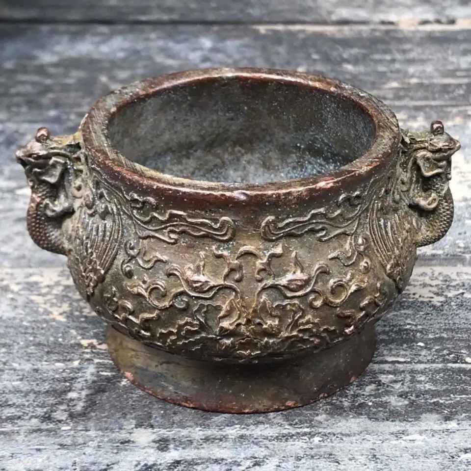 Old Tibetan Bronze Small Double Ear Peacock Incense Burner Retro Ornament Antique Collection Attract Wealth