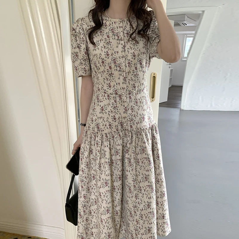 Chic Summer New Gentle round Ne Single Button Waist Inward Bubble Sve Floral Print Women's Dr Korean Sle High Waist...