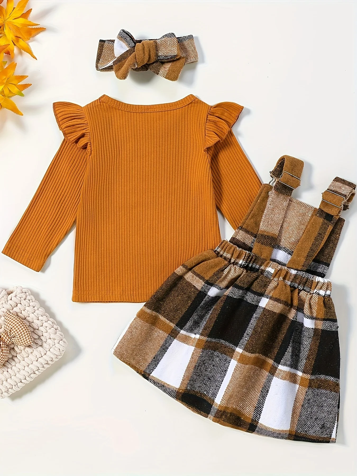 مجموعة تنورة للفتيات الصغيرات، مجموعة تنورة بحمالات منقوشة بأكمام طويلة، ملابس شتوية للفتيات الصغيرات #2