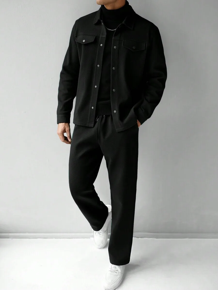Mens Solid Black Long Sleeve Single-Breasted Casual Jacket And Pants Set Fall Outfit