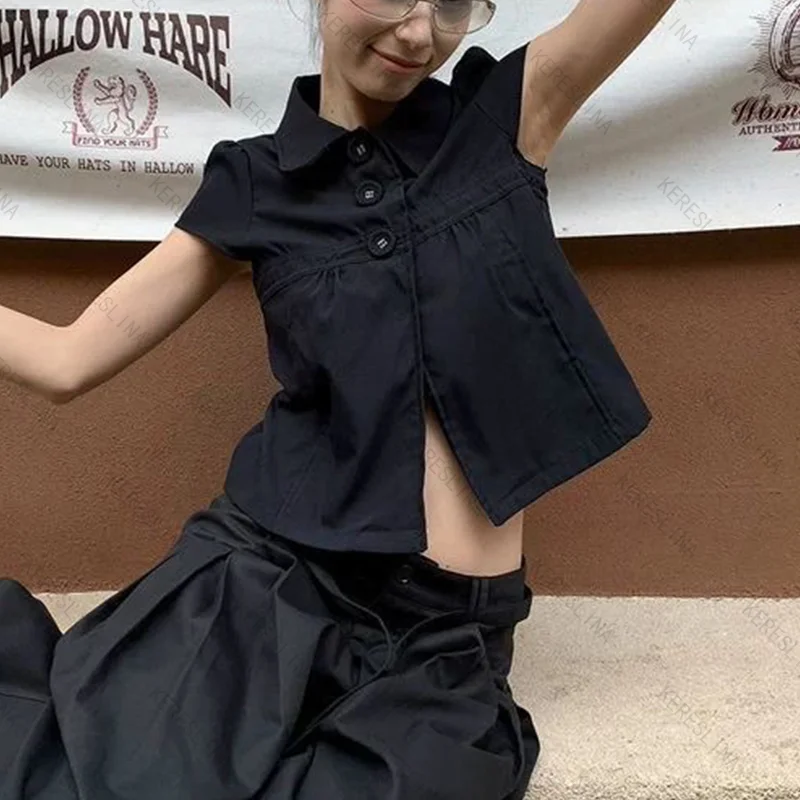 Europäisches und amerikanisches Retro-Shirt im High-Street-Stil, einfarbig, mit Reverskragen, kurzärmelig, trendig, modisch, sexy, im Spicy-Girls-Stil.