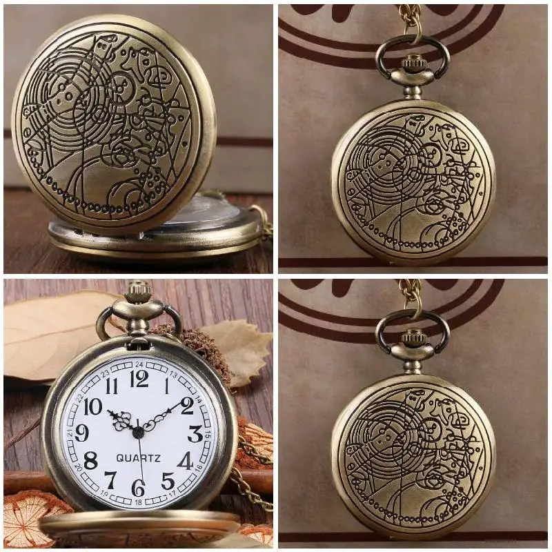 Pocket Watch Bronze Vintage Carving pattern With Keychain Steampunk Pocket Watch Men Retro Watch On Chain