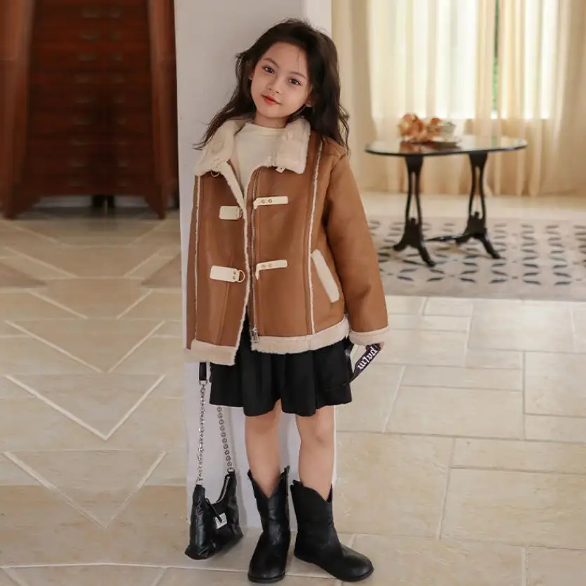 

2023 Autumn Winter New Plus Velvet Jacket Chldren Thicker Leather Outerwear Kids Fashion Warm Fur Coats 4-16 Years Wz1255