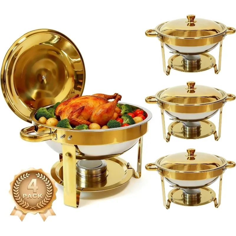 

4-Pack 6QT Round Chafing Dishes Buffet Set Golden Steel Food Warmers with Lids Water Pans Fuel Can Holders for Wedding Catering
