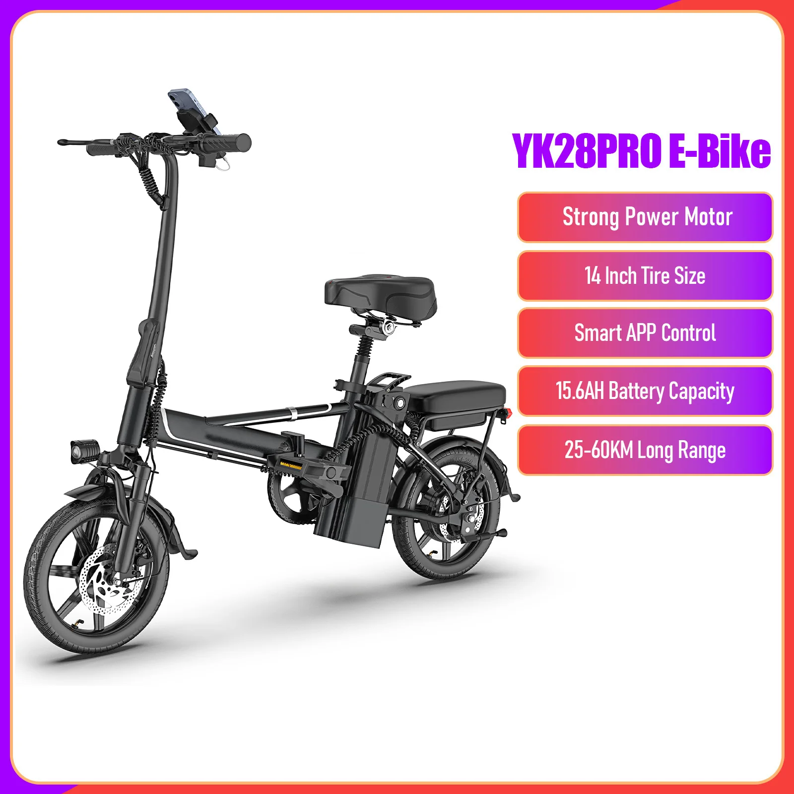 AOVOPRO YK28/YK28 PRO Elektrische Fiets 2026 NIEUW 25-60KM Super Lange Afstand 14 Inch Off-Road Band 15.6AH Smart APP E-bike met Sterke Aandrijfmotor