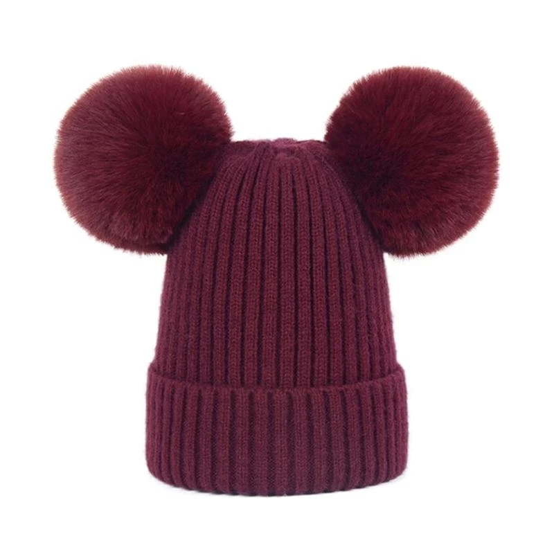 090B Winter Baby Wool Warm Caps Fur Ball Cap Knitted Hemming Hat