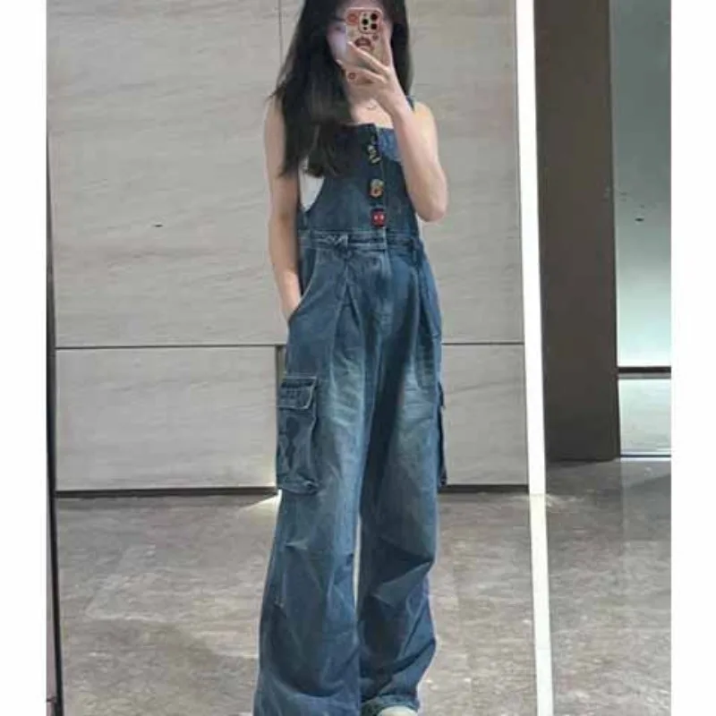 

y2k New Summer Women Denim Overalls Retro Mickey Cartoon Pattern Loose Straight Leg Suspender Pants Casual Fashion Trendy Jeans
