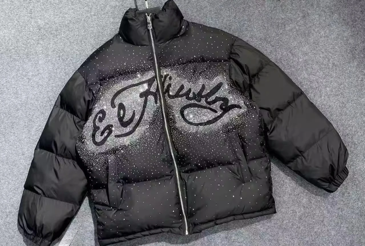 2025 inverno nova moda parkas masculinidade moda bonito versátil casacos soltos clássico strass cabeça de tigre bonito parkas