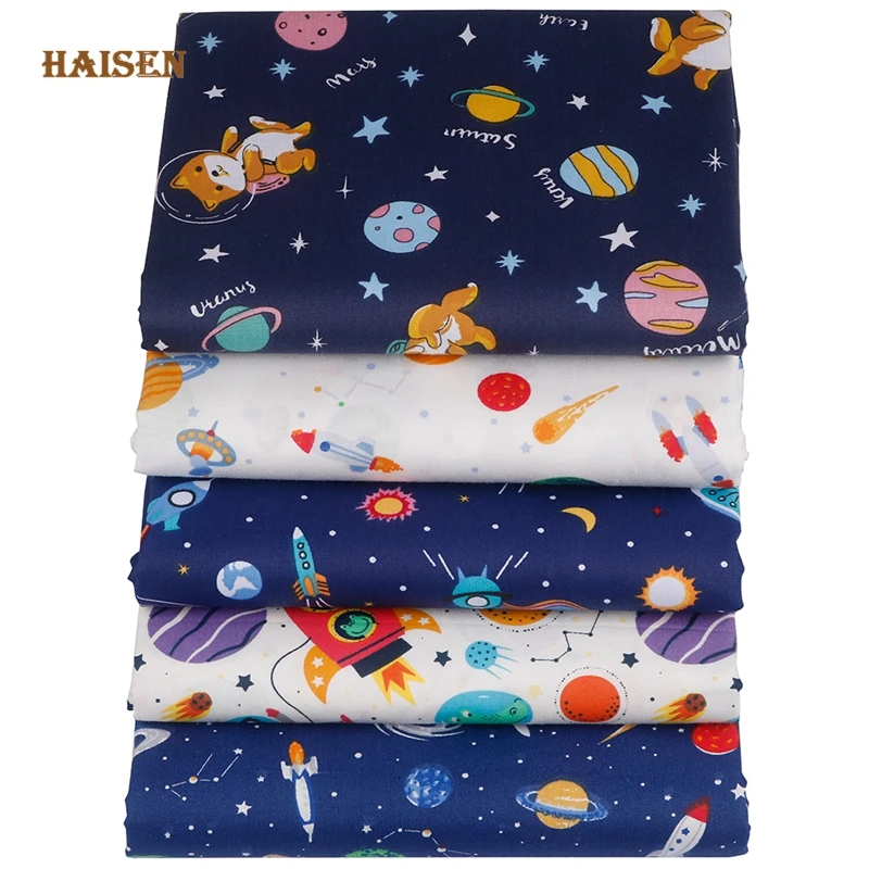 Printed Twill Cotton Fabrics,Patchwork Cloth Set,For DIY Sewing Quilting Baby&Child Material 5pcs 40cmx50cm,Planet Rocket Series