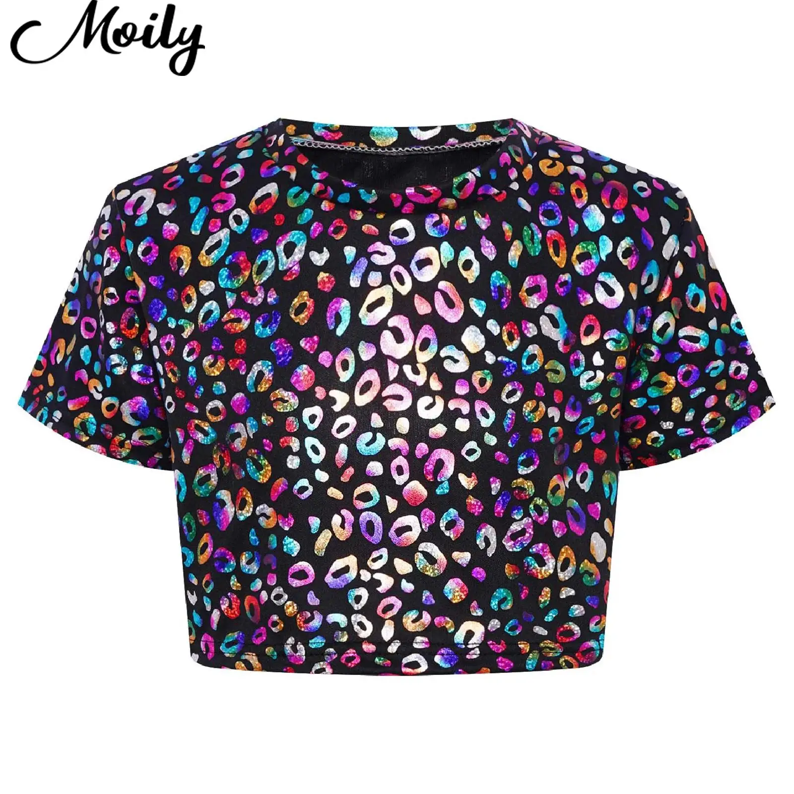

Kids Girls Leopard Print Hip Hop Jazz Crop Top Cheerleading Dance Performance Prom Party Costume Short Sleeve T-shirt Crop Top