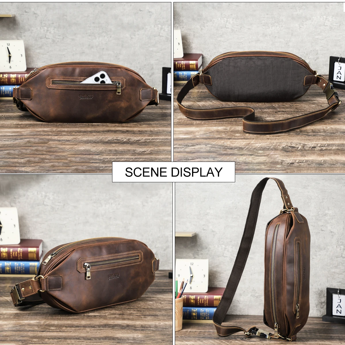 CONTACT\'S Genuine Leather Chest Bags for Men High Quality Crossbody Bag Shoulder Bags Phone Pocket Travel Bag for 8.3\