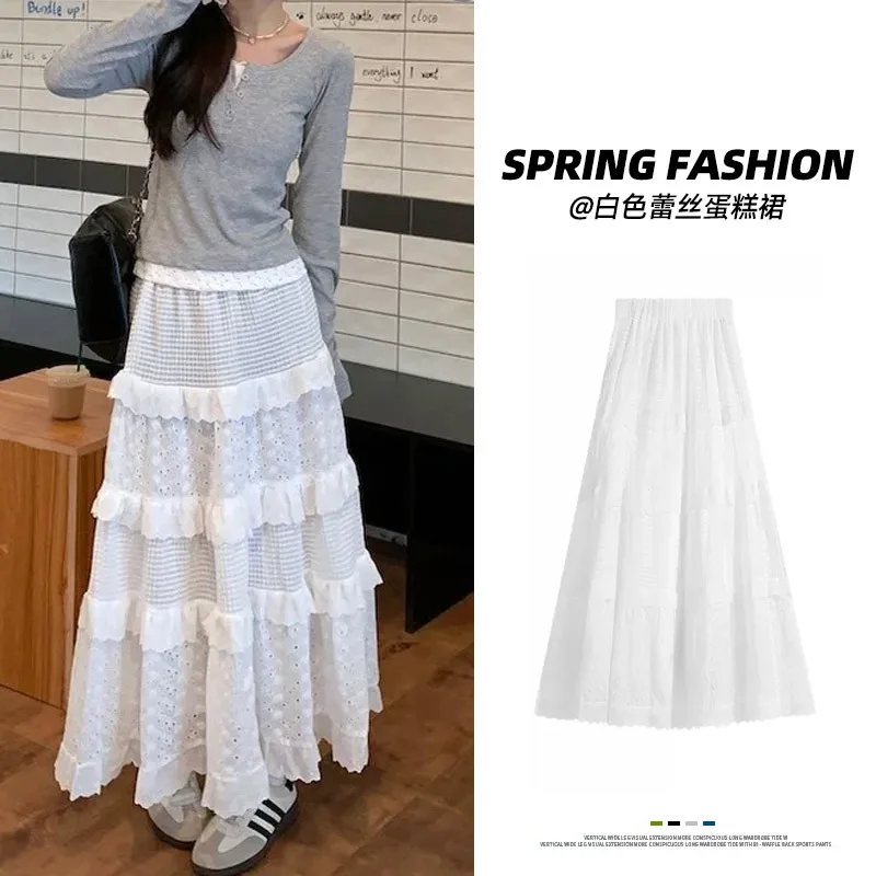 

Lace Cake Skirt for Women Summer High-waisted Slim White A-line Half-body Long Dress Teenage Girl Korean Fashion Versatile Skirt