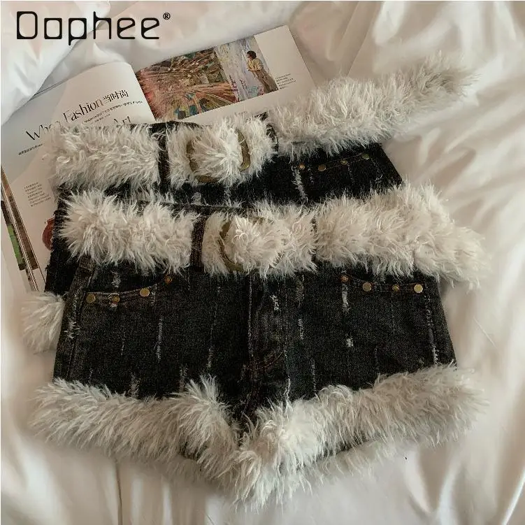 American Retro High End Hot Girl Denim Shorts Women High Street Punk Style Plush Splicing Shorts Summer New Y2K Booty Shorts