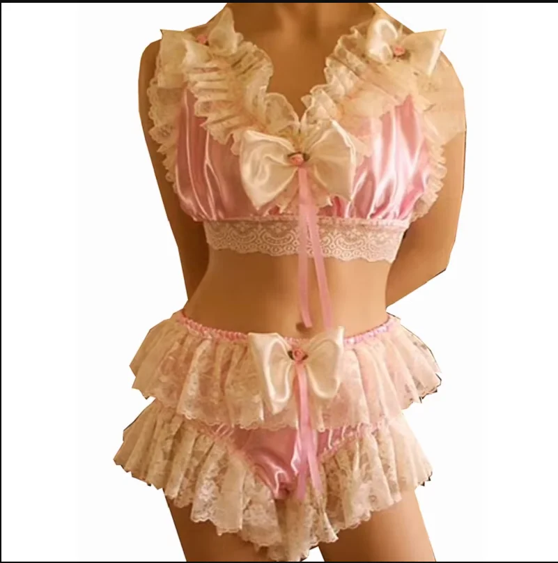 

Fashionable Girl French Adult Giant Baby Pink Satin Bow Strap Pajama White Lace Trimmed Maid Dress Multi Color