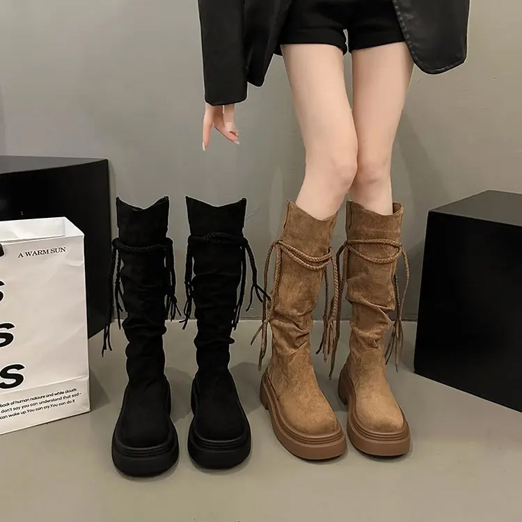 

Women's Thick Bottom Long Tassel Boots Autumn Winter High Tube Knight Style Slimming Boots Velvet Surface Rubber Sole
