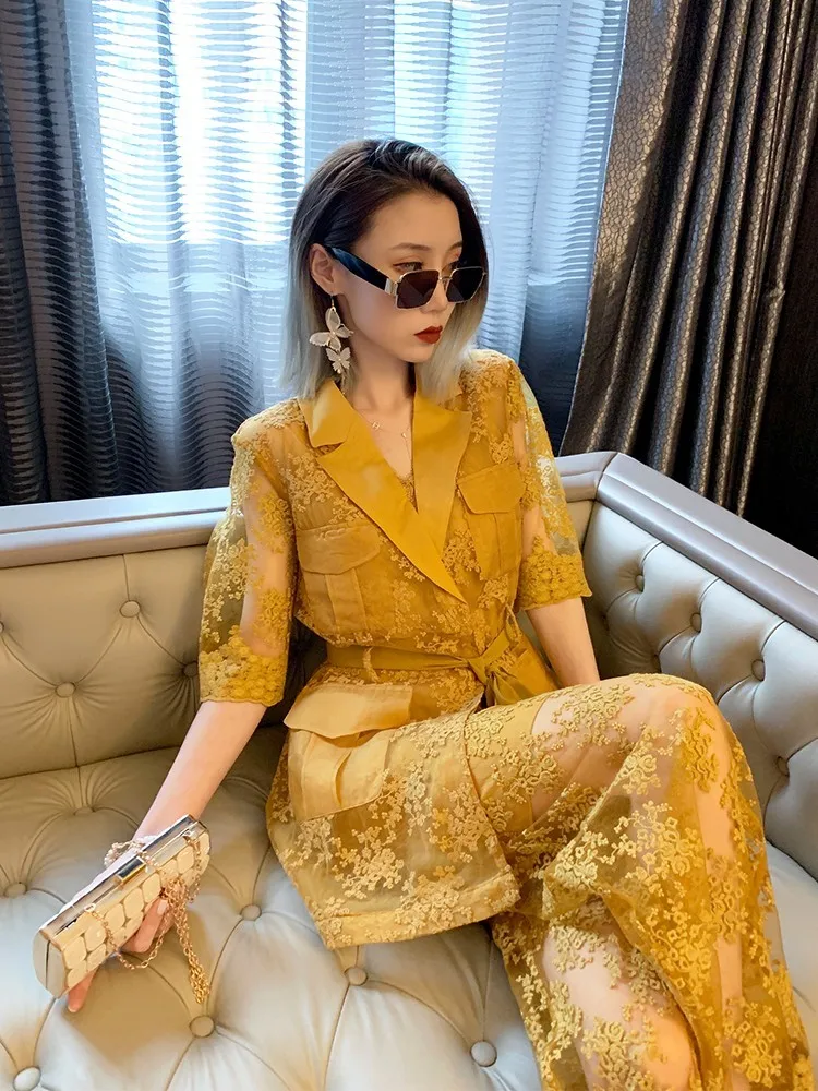 2023 New Summer Sexy Organza Cutout Set Embroidered Outerwear with Wide Leg Pants 3PC Women's Set