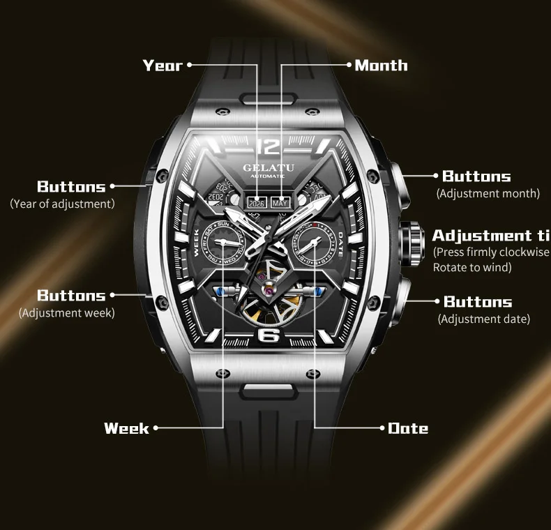 GELATU 6013 Original Wristwatch for Men Multifunction Chronograph Skeleton Waterproof Silicone Strap Automatic Mechanical Watche